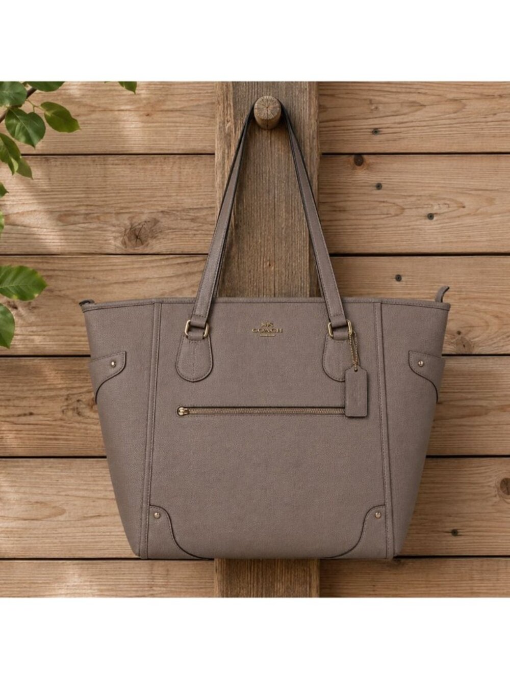 Coach Mickie 18x14 Zipper Pebbled Leather Tote Metallic Taupe Gold Hardware - Picture 2 of 16
